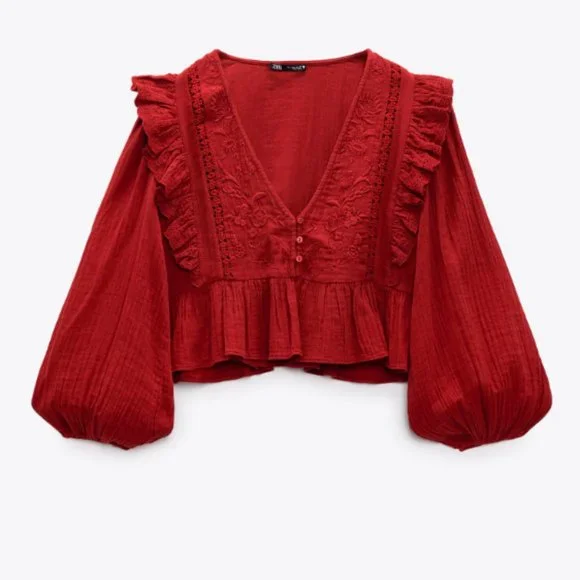 zara embroidered frilled top size medium nwt blouse with buttons - Picture 1 of 6